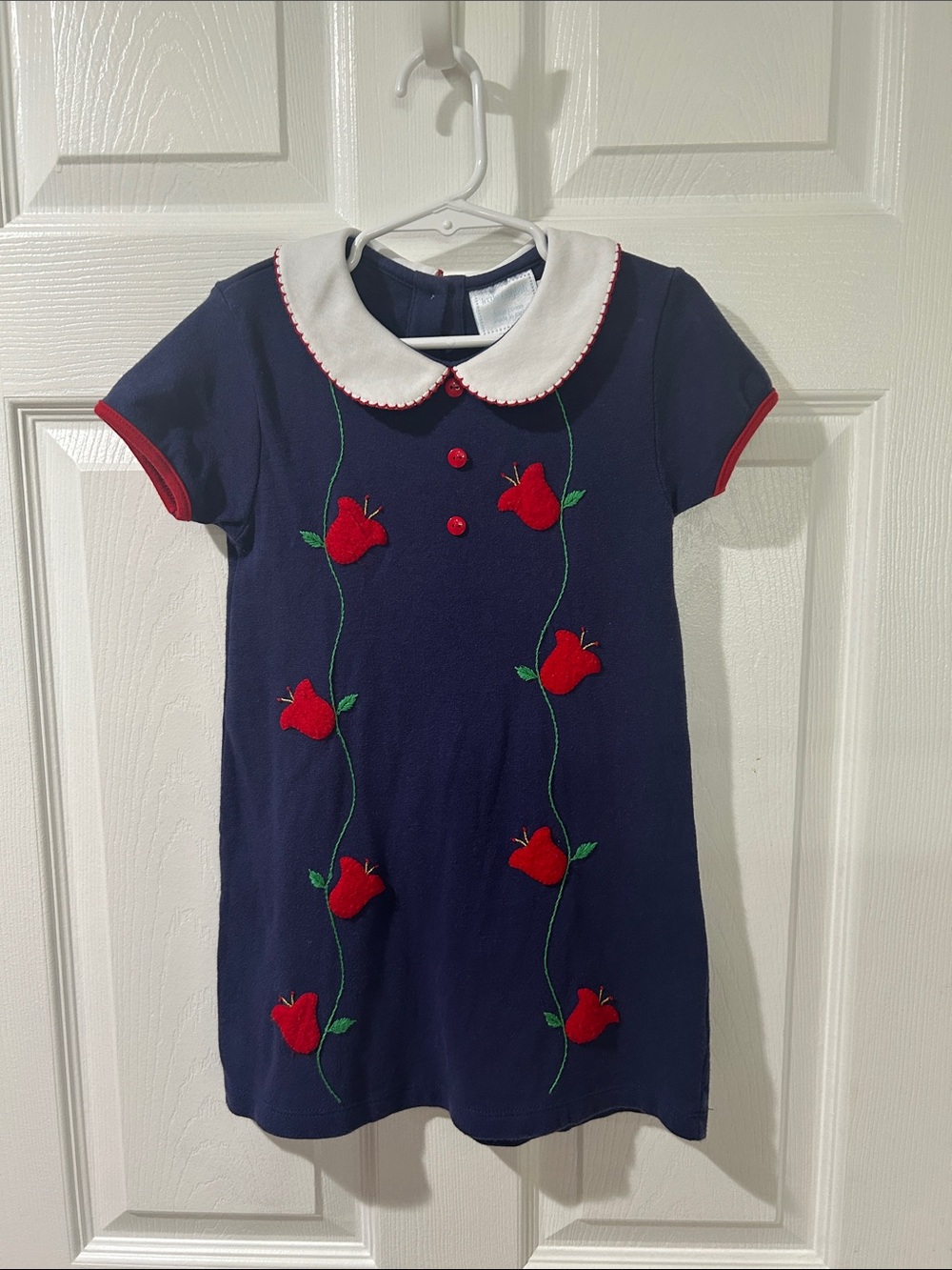 Little English Navy Dress with Red Apple Appliques and White Collar